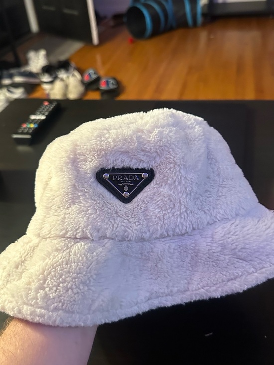 Prada Accessories - Prada Cream Faux-Fur Bucket Hat with Logo Plaque